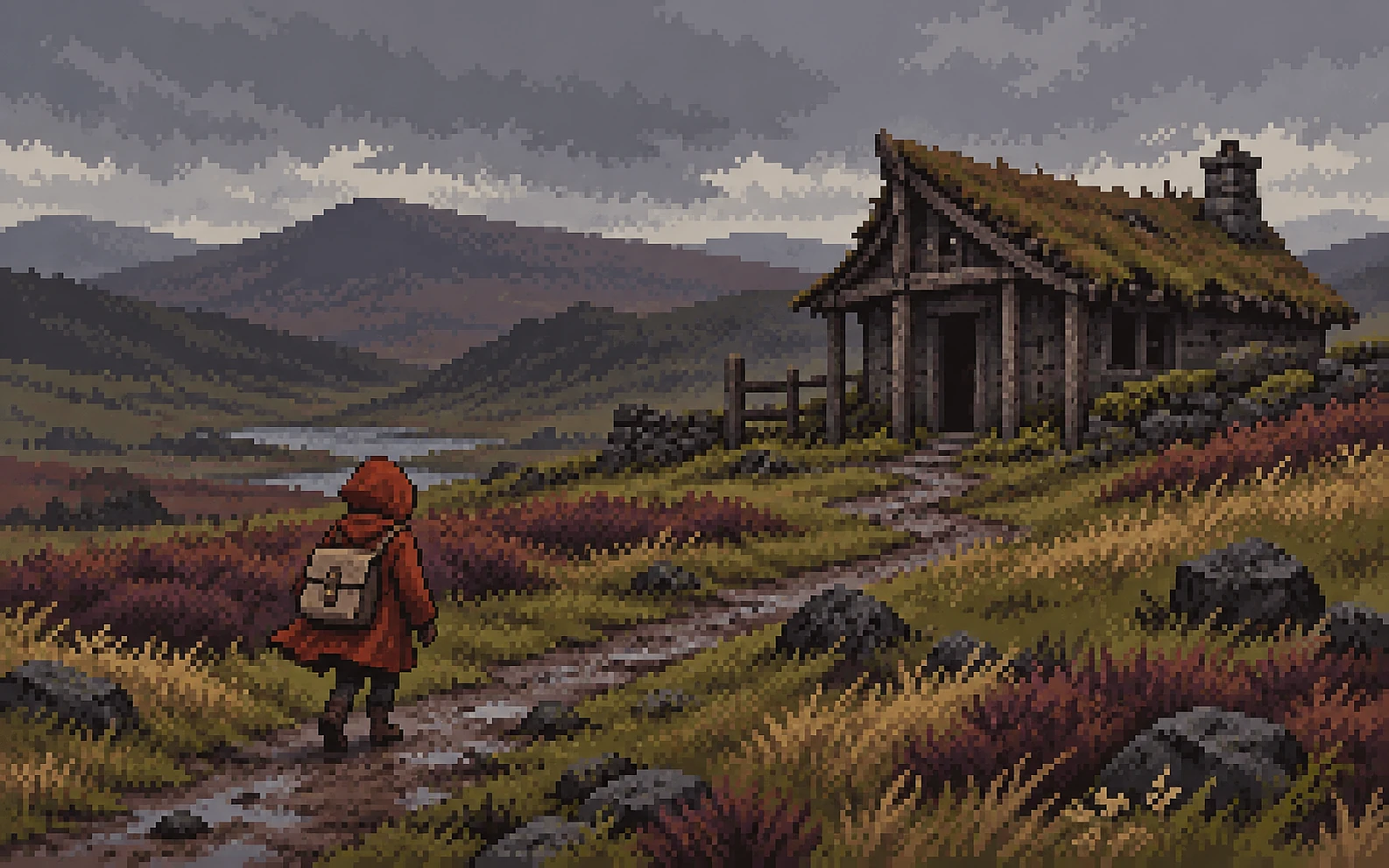 Pixel art study of a small red-coated courier on a windswept moor path beside a weathered timber shelter.